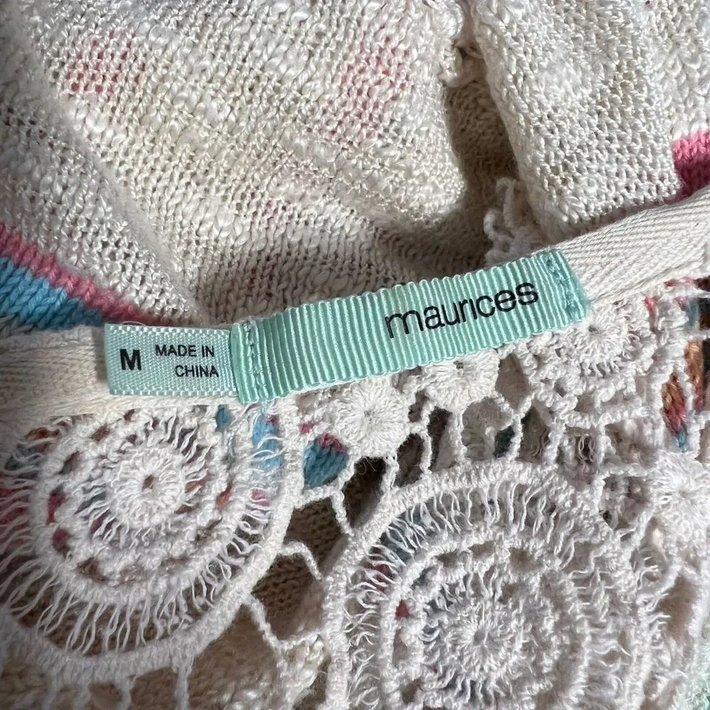 Maurices Womens Cardigan Sweater Crochet Back Striped Fringed Open Front Medium